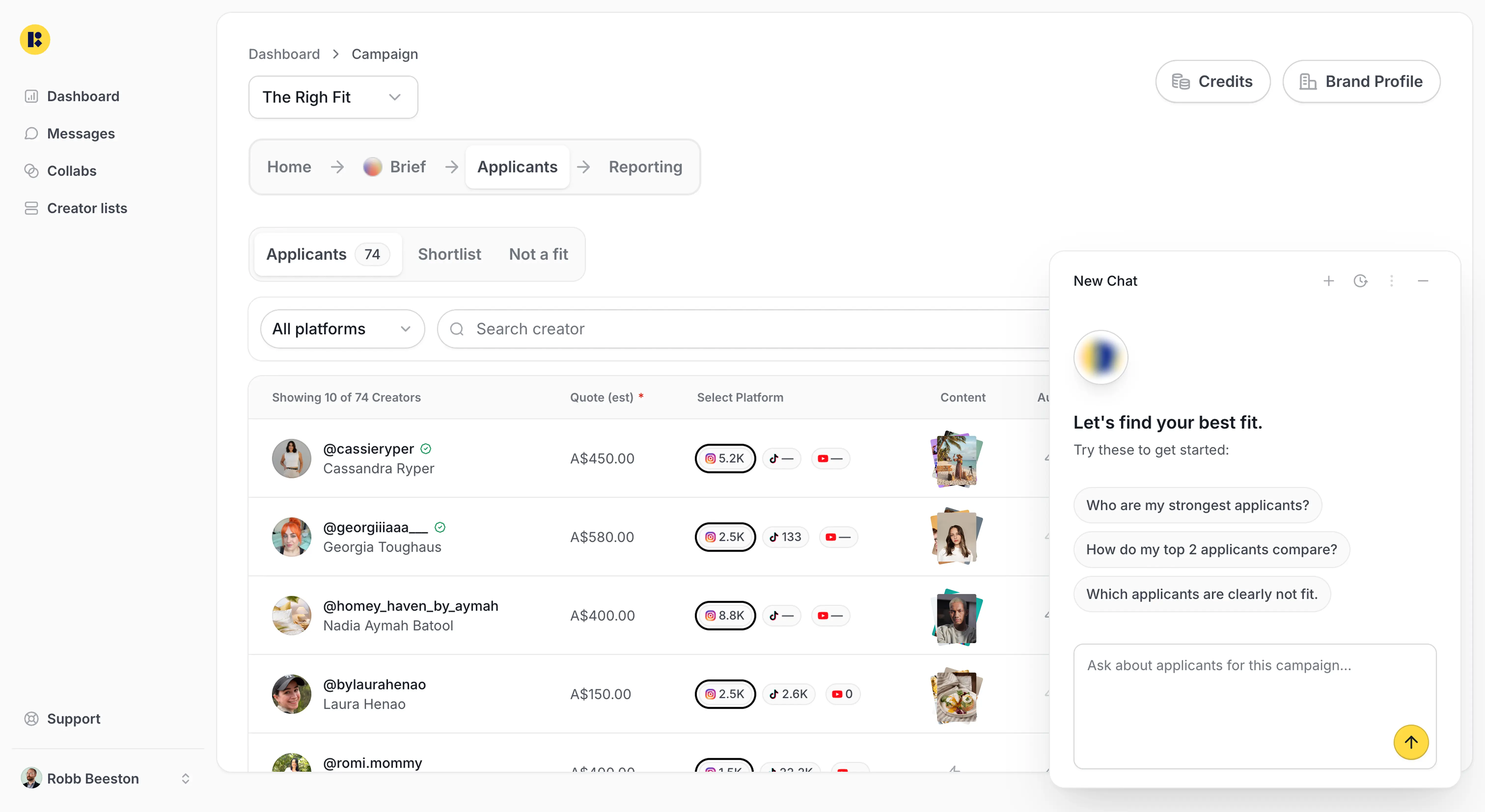 The Right Fit platform showing the Messaged list with creator conversations and status