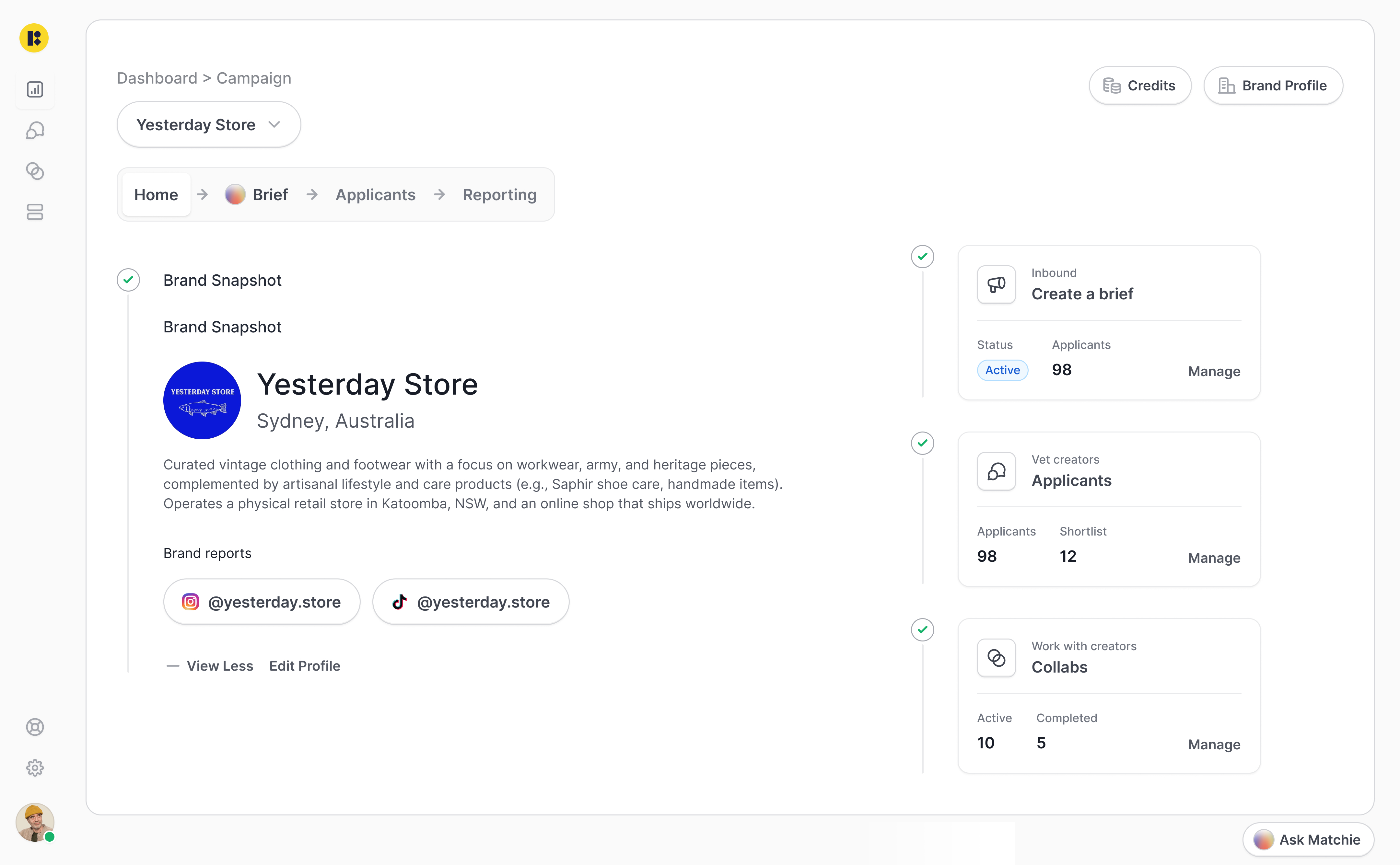 The Right Fit brand dashboard with campaign briefs, applications, and activity